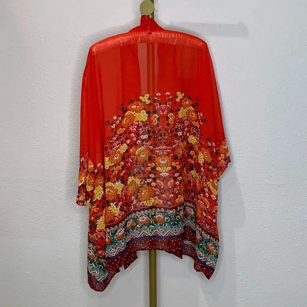 Red Floral Print Sheer Chiffon Kimono Cardigan 3/4 Sleeve Boho Beach Cover Up